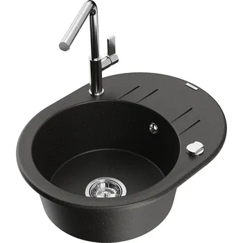 Granitový dřez MEXEN/S - Kevin granitový dřez 1-miska s odkapávačem včetně baterie Flora, černá/zlatá metalik 6517-75-670401-00