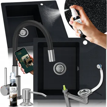 Granitový dřez GRANITOVÝ DŘEZ JEDNOKOMOROVÝ S ODKAPÁVAČEM, BATERIE A DÁVKOVAČ, ČERNÝ METAL