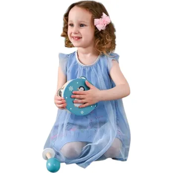 Hudební nástroj pro děti TAMBURYN DREWNIANY Z PINGWINEM INSTRUMENT HUDEBNÍ NÁSTROJ HRAČKA TAMBURÍNA