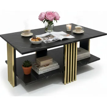 Konferenční stolek KONFERENČNÍ STOLEK LOFT DO OBÝVÁKU OBDÉLNÍKOVÝ DŘEVĚNÝ LAVIČKA S POLICÍ ČERNÝ