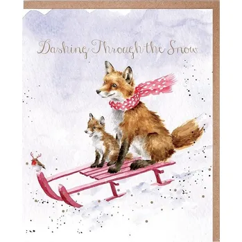 Přání Wrendale Designs "The Sleigh Ride", 15x15 cm - Lišky na saních