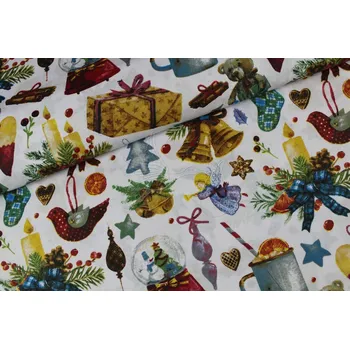 Vánoční motivy- zvonečky, ozdoby aj. - bavlněné plátno, šíře 160cm