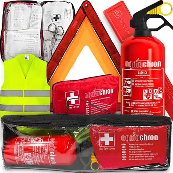 Autolékárnička AGMI SADA: HASICÍ PŘÍSTROJ 1KG, LÉKÁRNIČKA, VÝSTRAŽNÝ TROJÚHELNÍK, VESTA, TAŠKA DO KUFRU