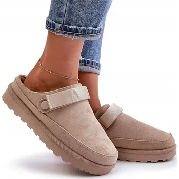 Dámské pantofle NAZOUVÁKY NA PLATFORMĚ ZATEPLENÉ KOŽEŠINOU EKO SEMIŠ BÉŽOVÉ 37