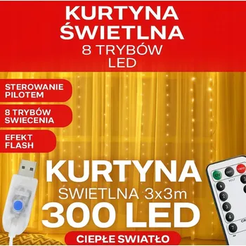 Vánoční dekorace Světelný Závěs 300 LED 3x3m na Okno Teplá Bílá Vánoční Světýlka