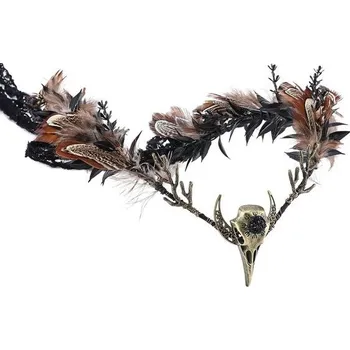 Party dekorace MOSTORY Ručně vyráběná hnědá péřová koruna - Gotická květinová čelenka Elf Moon Cirlet s vránou
