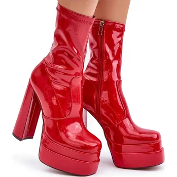 Dámská zimní obuv KOTNÍKOVÉ BOTY LAKOVANÉ VYSOKÝ PODPATEK SLOUPEK PLATFORMA NA ZIP ČERVENÉ 38