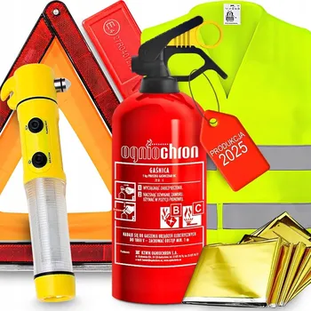 Hasicí přístroj HASICÍ PŘÍSTROJ LÉKÁRNIČKA SVÍTILNA FÓLIE ROZBÍJEČ OKEN NŮŽ NA PÁSY VÝSTRAŽNÝ TROJÚHELNÍK VESTA