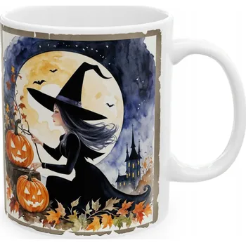 Hrnek s potiskem , halloweenský akvarelový dárek s motivem čarodějnice