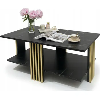 Konferenční stolek KONFERENČNÍ STOLEK DŘEVĚNÝ LAVICE OBDÉLNÍKOVÝ LOFT OBÝVACÍ POKOJ POLICE MARMOR ČERNÝ