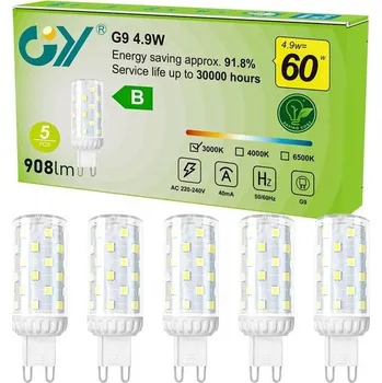 G9 LED žárovky, 4,9W ekvivalentní halogen G9 60W, 908 lumenů, 3000K G9 LED žárovky teplé světlo,
