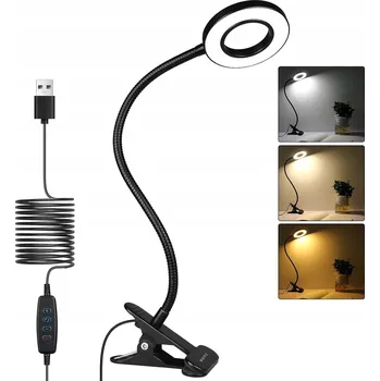 Lampička LED Stolní Lampa s Klipem, 3 Barvy Světla, 10 Úrovní Jasnosti, USB pro Čtení