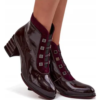 Dámská zimní obuv DÁMSKÉ KOTNÍKOVÉ BOTY LAKOVANÁ KŮŽE SLOUPEK D&A CR52-696 BORDÓ 36
