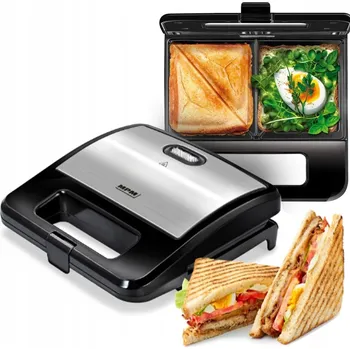 Toustovač TOASTOVAČ NA SENDVIČE MPM 750W VÝKONNÝ nepřilnavý povrch STŘÍBRNÝ TOUSTOVAČ
