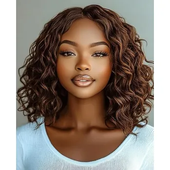 Paruka FASHION IDOL Krátká kudrnatá paruka Bob z pravých lidských vlasů, hnědá, 30 cm