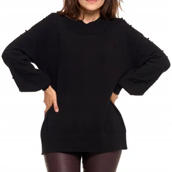 Dámský svetr DÁMSKÝ SVETR s ozdobnými perličkami, široké rukávy, černý, stylový MORAJ S