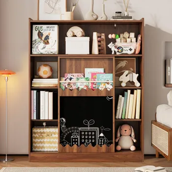 Knihovna Knihovna s tabulí, posuvnými dveřmi a poličkou na obrázkové knihy, ořech