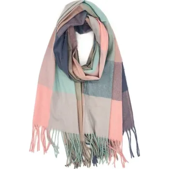 Šála Classic Scarf Dámská růžová tyrkysová zelená kostkovaná dlouhá vlněná šála s viskózou vzor karo třásně tyrkysová