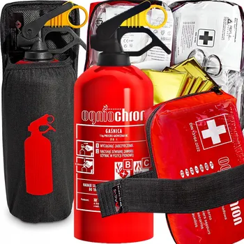 Hasicí přístroj HASICÍ PŘÍSTROJ 1KG + LÉKÁRNIČKA DIN13164 + SUCHÝ ZIP DO KUFRU + DRŽÁK NA LÉKÁRNIČKU A HASICÍ PŘÍSTROJ