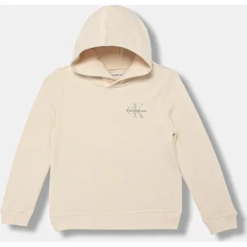 Chlapecká mikina Dětská bavlněná mikina Calvin Klein Jeans béžová barva, s kapucí, s potiskem, IU0IU00712 IU0IU00712.104.116.PPY2 12X, vel. 116