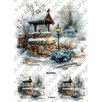 Výtvarný papír Rýžový a soft papír na decoupage - Studna v zimě - KB4411 Materiál: Rýžový papír, Rozměr: A4