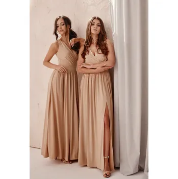 Dámské šaty Brokátové maxi šaty EU s výstřihem 0224 - Béžové XS Velikost: XS, Barva (Varianta): Béžová