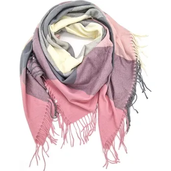 Šátek Classic Scarf Dámská růžová šedá bílá kostkovaná vlněná šála / čtvercový šátek karo a třásně
