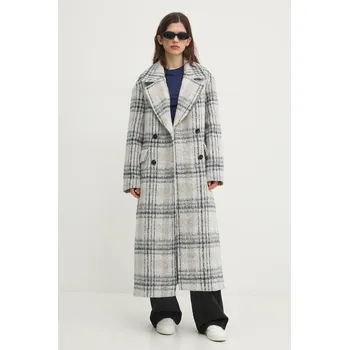 Dámský kabát Kabát s příměsí vlny Tommy Jeans šedá barva, přechodný, oversize, DW0DW20553 90X, vel. L