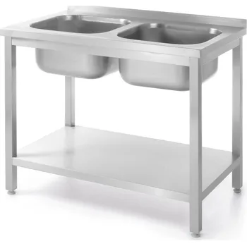 Stůl se 2 dřezy a policí, přišroubovaný, HENDI, Kitchen Line, dva dřezy, 1000x600x(H)850mm