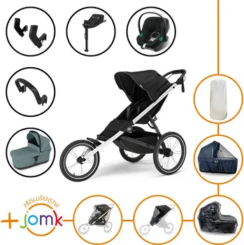 Dětské zboží Set 11v1 Thule Glide 3 Black 2025 + madlo + korbička Mid blue + JOMK příslušenství + autosedačka Cybex s ISOFIX základnou a adaptéry Thule