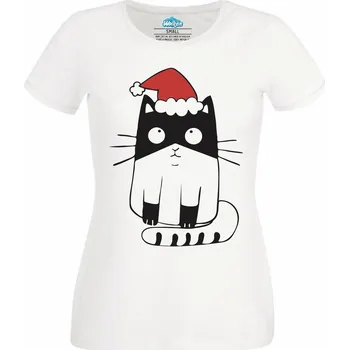 Dámské tričko Dámské tričko Vánoční Kočka v Čepici (Velikost: 3XL, Barva: Bílá)
