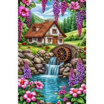 Diamantové malování Diamantové malování - Chaloupka a mlýnské kolo + třpytivé kamínky