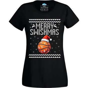 Dámské tričko Dámské tričko Vánoční Basketbalový Míč Merry Swishmas (Velikost: XXL, Barva: Černá)