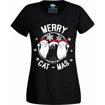 Dámské tričko Veselé Kočičí Vánoce Merry Cat-mas (Velikost: 4XL, Barva: Černá)