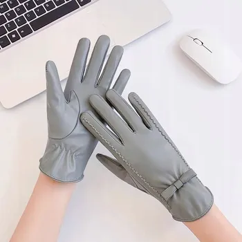 Rukavice Šedé dámské RUKAVICE s ozdobnou koženou mašlí na podzim/zimu