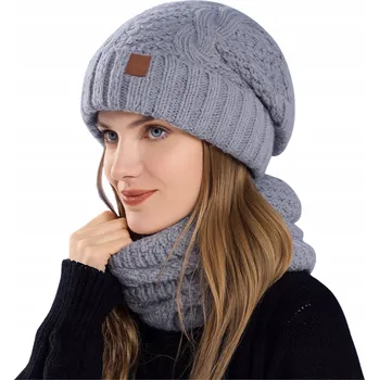 Čepice DÁMSKÁ ČEPICE ČEPICE, TEPLÁ NÁKRČNÍK , MÓDNÍ SADA PRO ŽENY, ŠEDÁ SADA