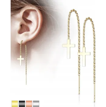 Náušnice Náušnice do uší z chirurgické oceli 316L s křížkem na řetízku, zlaté