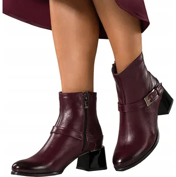 Dámské kozačky KOTNÍKOVÉ BOTY Dámské Bordó Kožené Pohodlné S Ozdobným Blokovým Podpatkem a Ocelovou Přezkou Velikost 38