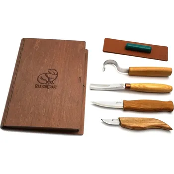 Pracovní nůž BeaverCraft řezbářská sada Spoon and Kuksa Carving Professional Set in Book Case pro leváky