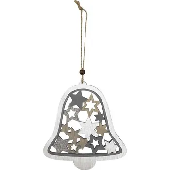 Vánoční dekorace Závěs dřevo 160x170mm zvoneček s hvezdičkami, přírodní s glitrem, bílá