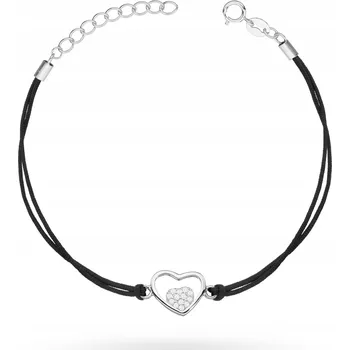 Náramek STŘÍBRNÝ NÁRAMEK ryzost 925 na Černé Šňůrce Srdce a Zirkony
