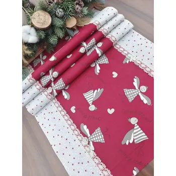 Vánoční dekorace Běhoun vánoční - andílci na vínové lemované hvězdičkami na béžové