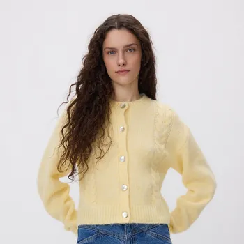 Dámský svetr Reserved - Ozdobně pletený kardigan - světle žlutá - 487HH-10X - 487HH-10X-S