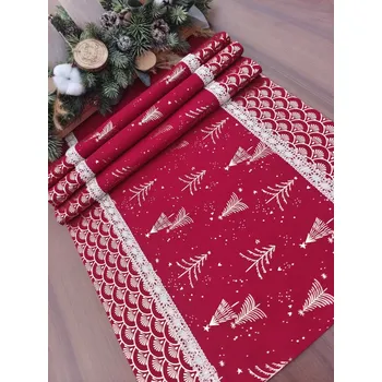 Vánoční dekorace Běhoun vánoční - zlaté stromečky na vínovém kanafasu v kombinaci se zlatými obloučky