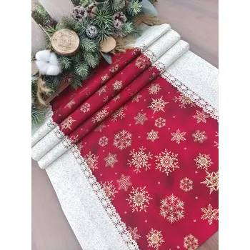 Vánoční dekorace Běhoun vánoční - zlaté vločky na vínové v kombinaci se zlatým prachem