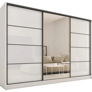 Šatní skříň Šatní skříň HARAZIA 250 se zrcadlem, 4 šuplíky a 2 šatními tyčemi, bílý lesk +možnost VÝNOSU + vyzvednutí ZDARMA