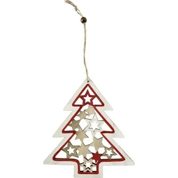 Vánoce Závěs dřevo 155X170mm stromek s hvězdičkami, přírodní s glitrem, bílá, červená