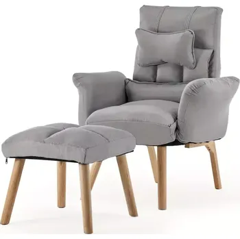 Křeslo Křeslo relaxační, s podnožkou, polohovací, nohy dřevěné, látka šedá, SAMY