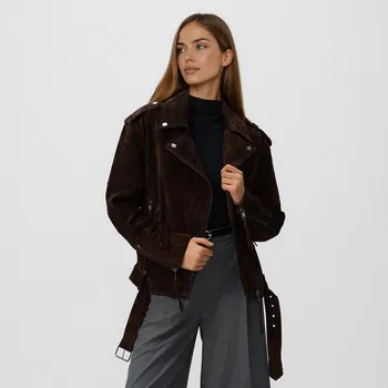 Dámský kabát Reserved - Kožená bunda oversize z imitace semiše s páskem - tmavě hnědá - WM904-89X - WM904-89X-L