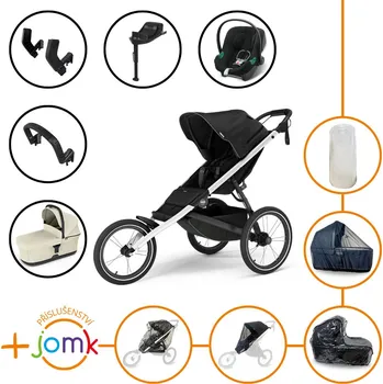 Kočárek Set 11v1 Thule Glide 3 Black + madlo + korbička Soft beige + JOMK příslušenství + autosedačka Cybex s ISOFIX základnou a adaptéry Thule